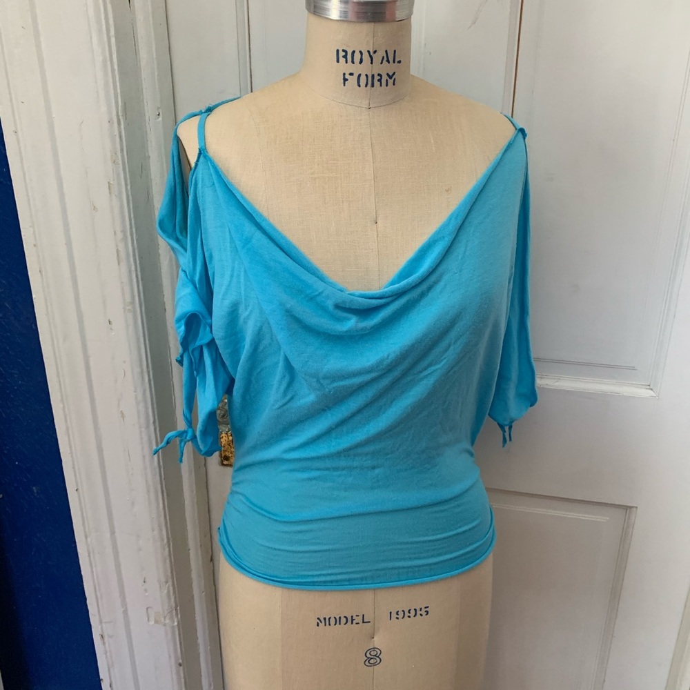 Sexy open shoulder blue top